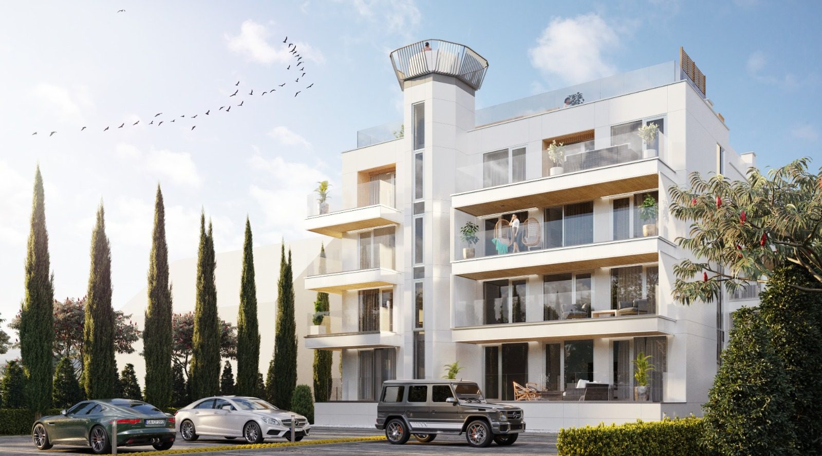 Render budynku przy Inżynierskiej 89 w dzień: pięć kondygnacji, tarasy ze szklanymi balustradami