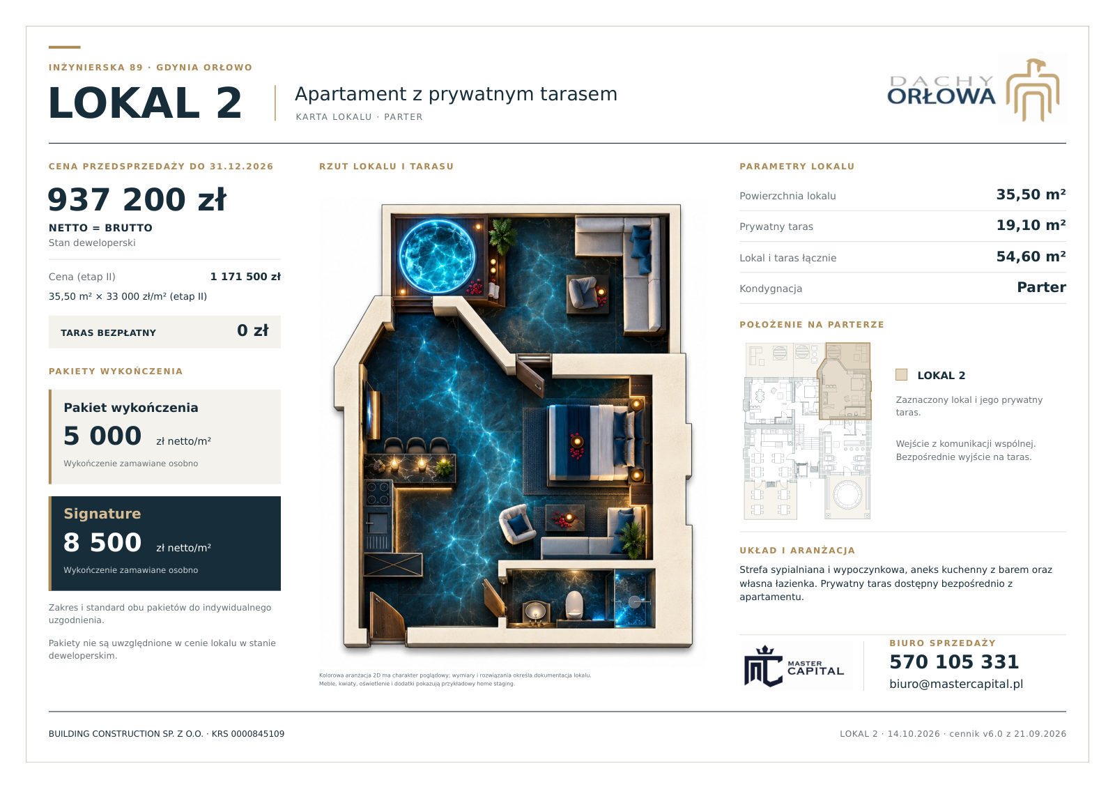 Karta lokalu 2: apartament z prywatnym tarasem na parterze, wizualizacja 3D